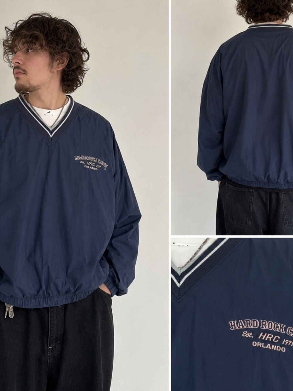 Hard Rock Cafe Navy V-Neck Pullover Jacket with White Trim